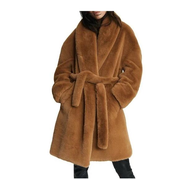 NWT Rag & Bone Camel Faux Fur Belted Coat - Picture 2 of 13